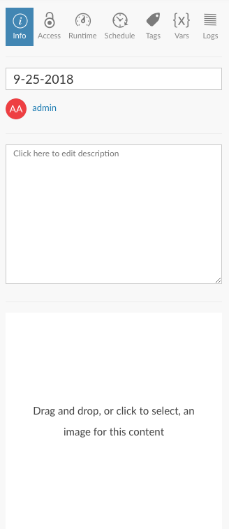 Info tab showing title, description, owner, and image fields
