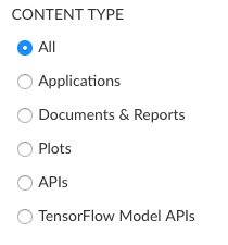 Screenshot of a section titled “Content Type” with radio buttons for “Applications”, “Documents & Reports”, “Plots”, “APIs”, and “TensorFlow Model APIs”