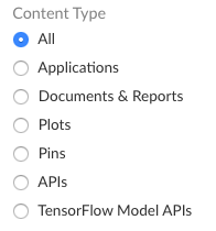 Screenshot of a section titled "Content Type" with radio buttons for "Applications", "Documents & Reports", "Plots", "APIs", and "TensorFlow Model APIs"