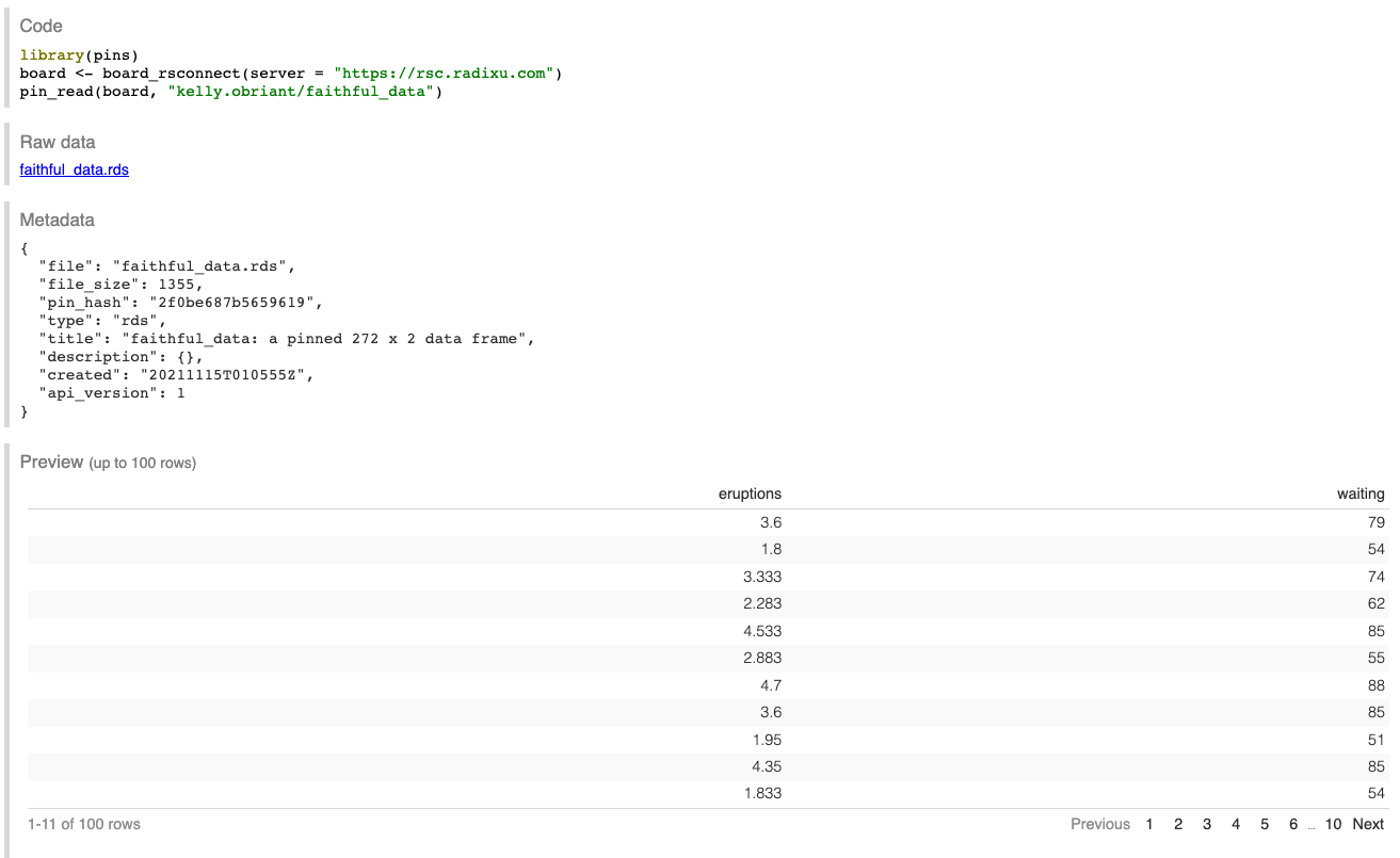 Example of a Pin on RStudio Connect