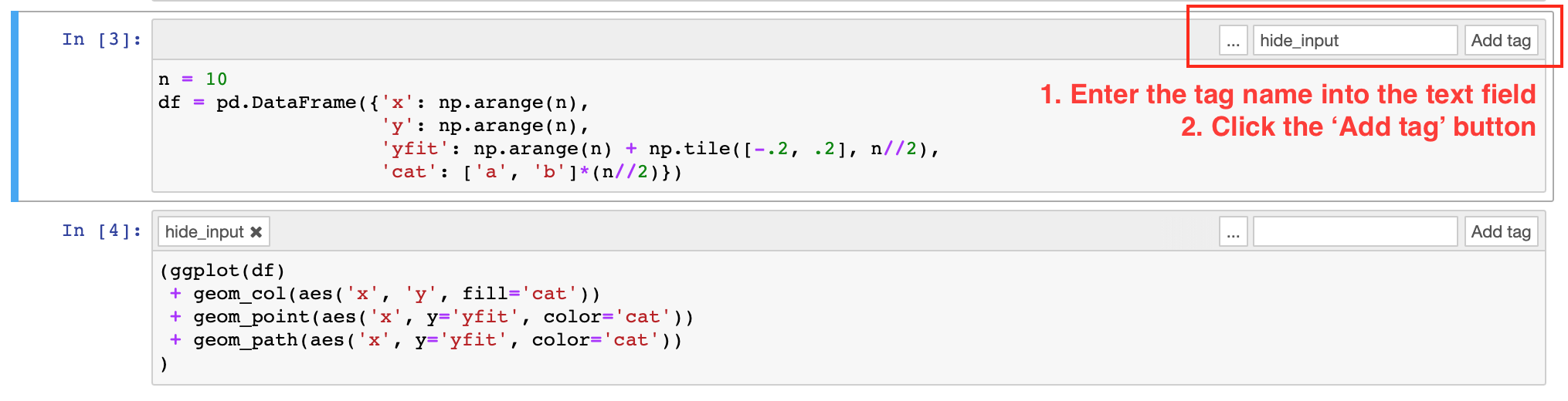 Add the hide_input tag to individual cells