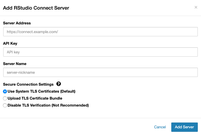 Initial dialog for linking Jupyter to Posit Connect.