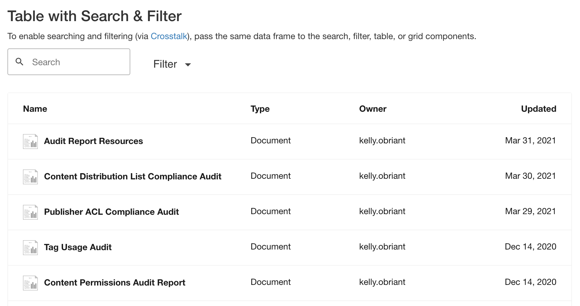 Example of Table view components.