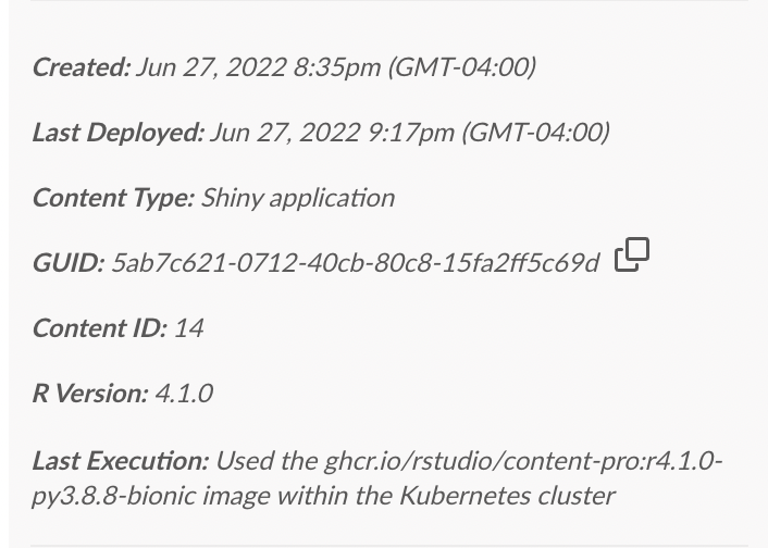 Content execution metadata example, including image
name.