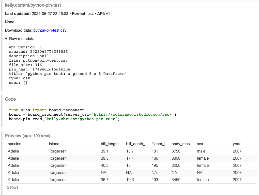 Example of a Python Pin on Posit Connect.