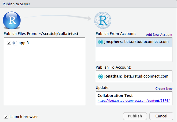 RStudio IDE showing collaborative publishing.