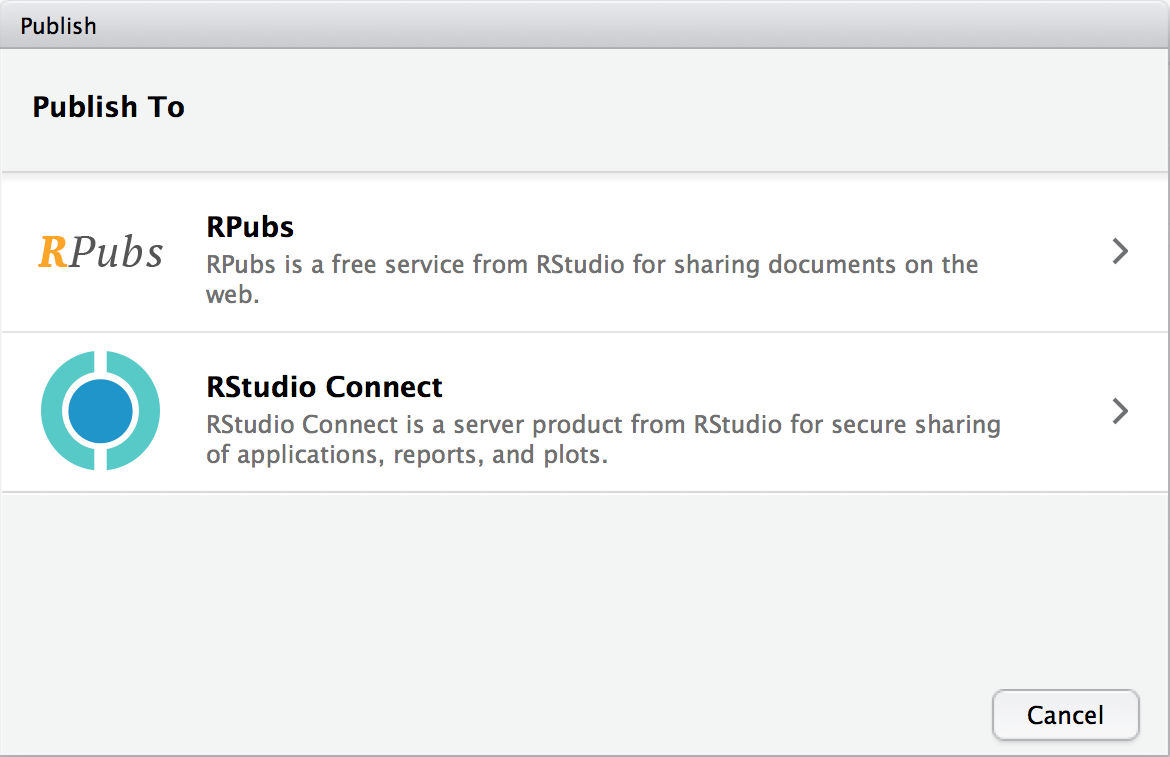 IDE Dialog to publish to RPubs or
Connect.