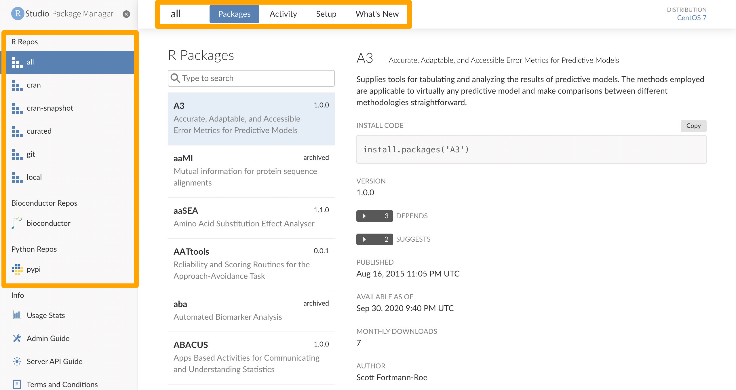 RSPM repository view screenshot, with repository list on left and repository packages, activity, and setup tabs on top